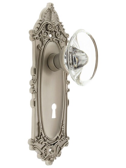 Victorian Plate with Oval Clear Crystal Knob in Satin Nickel with .